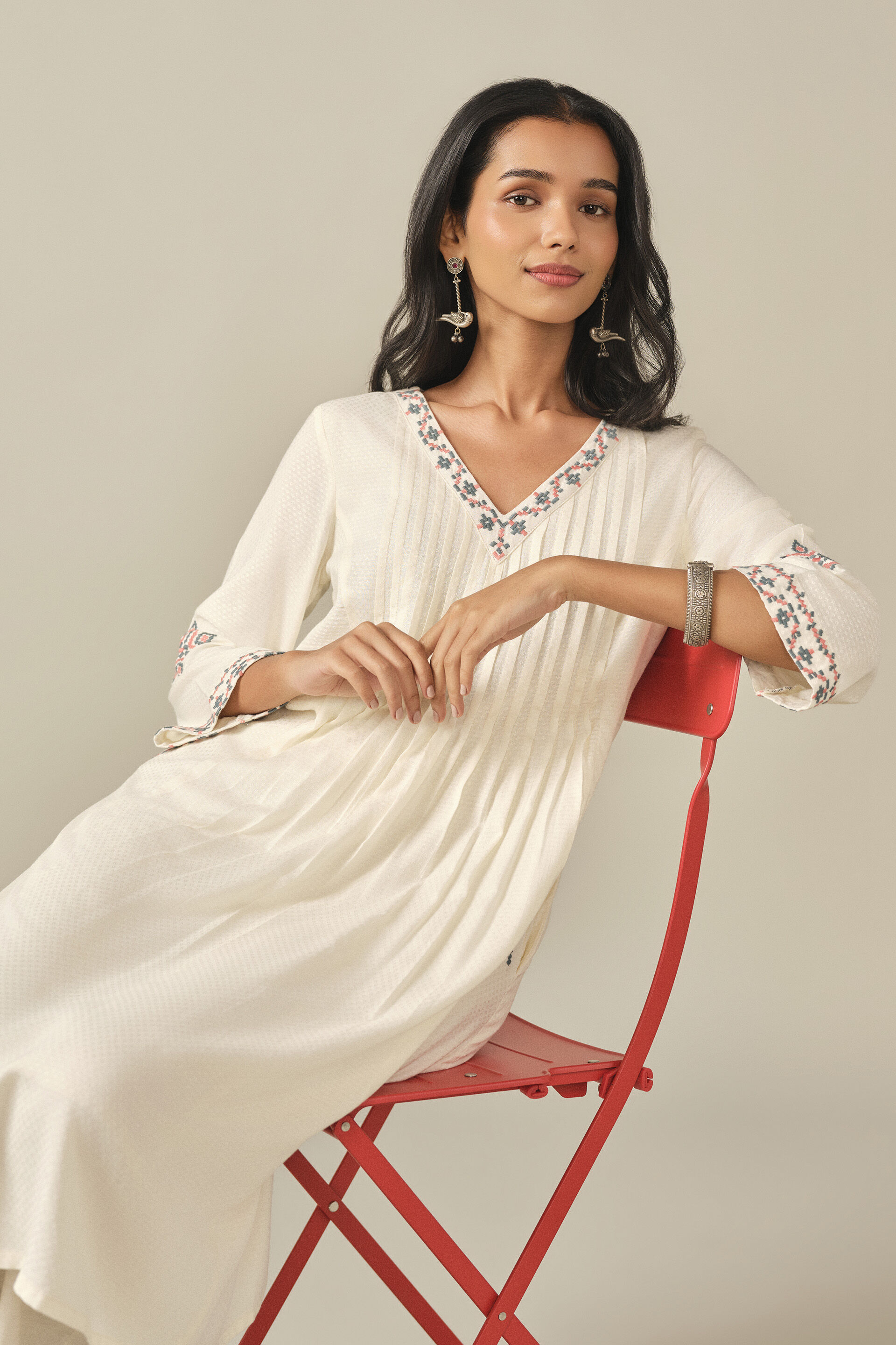 A-Line Embroidered Kurta in White